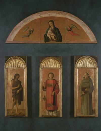 St. Laurentius zwischen Johannes dem Täufer und St. Antonius von Padua, in der Lünette Madonna mit Kind und Engeln von Giovanni Bellini